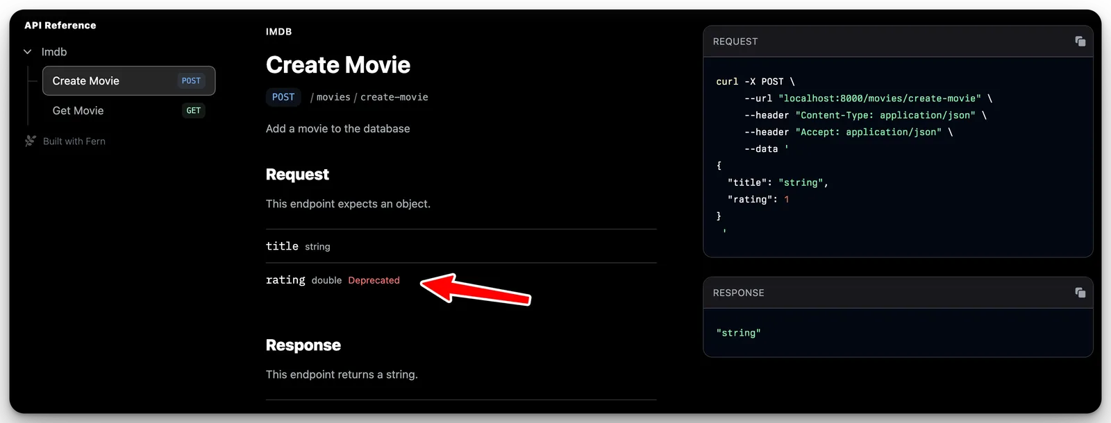 Screenshot showing a deprecated tag next to a type's property in API Reference docs