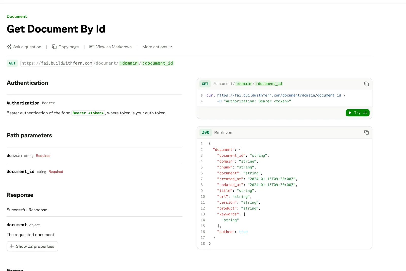 API Reference with placeholder string values