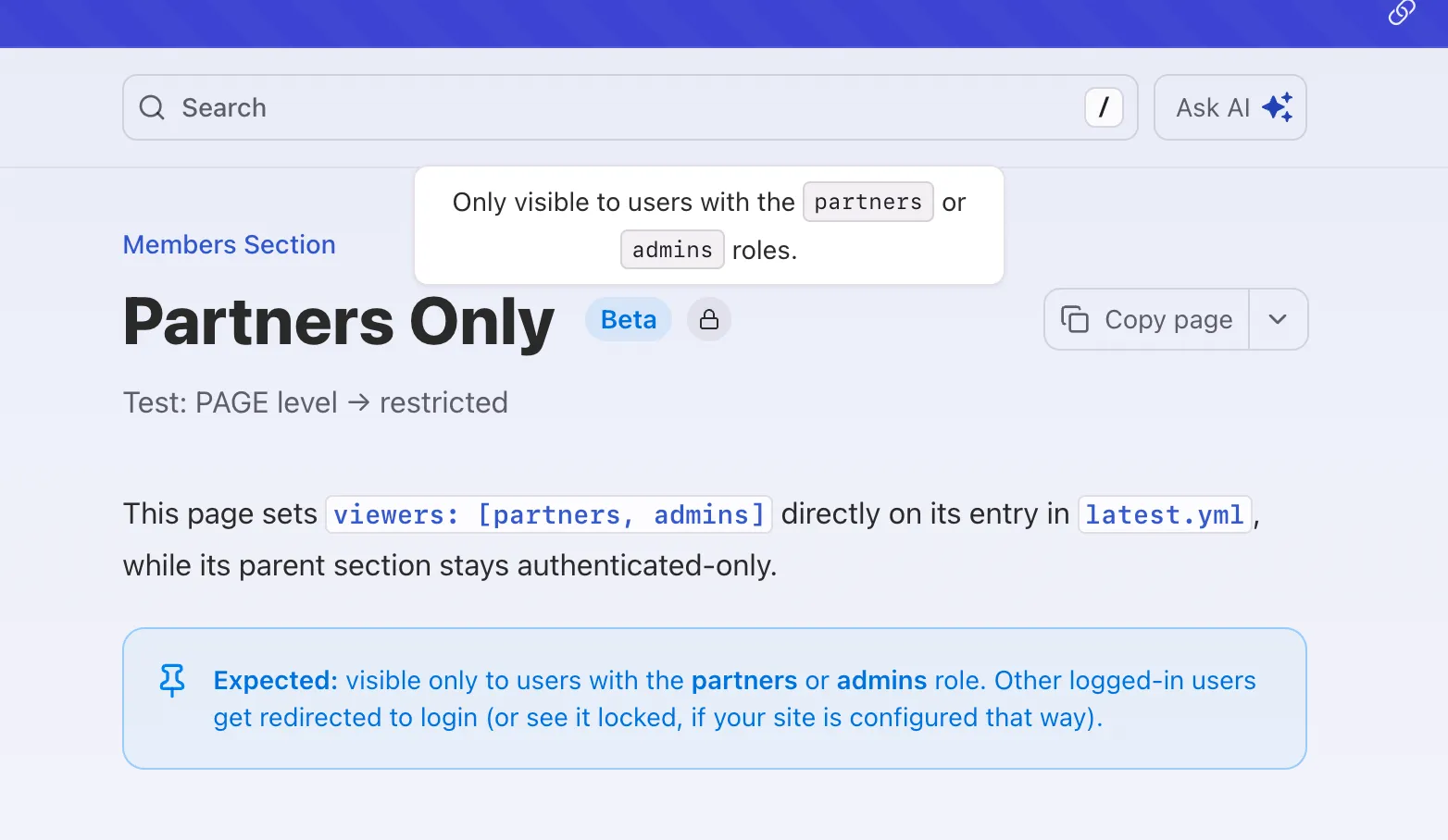 RBAC badge showing role restrictions on a page header
