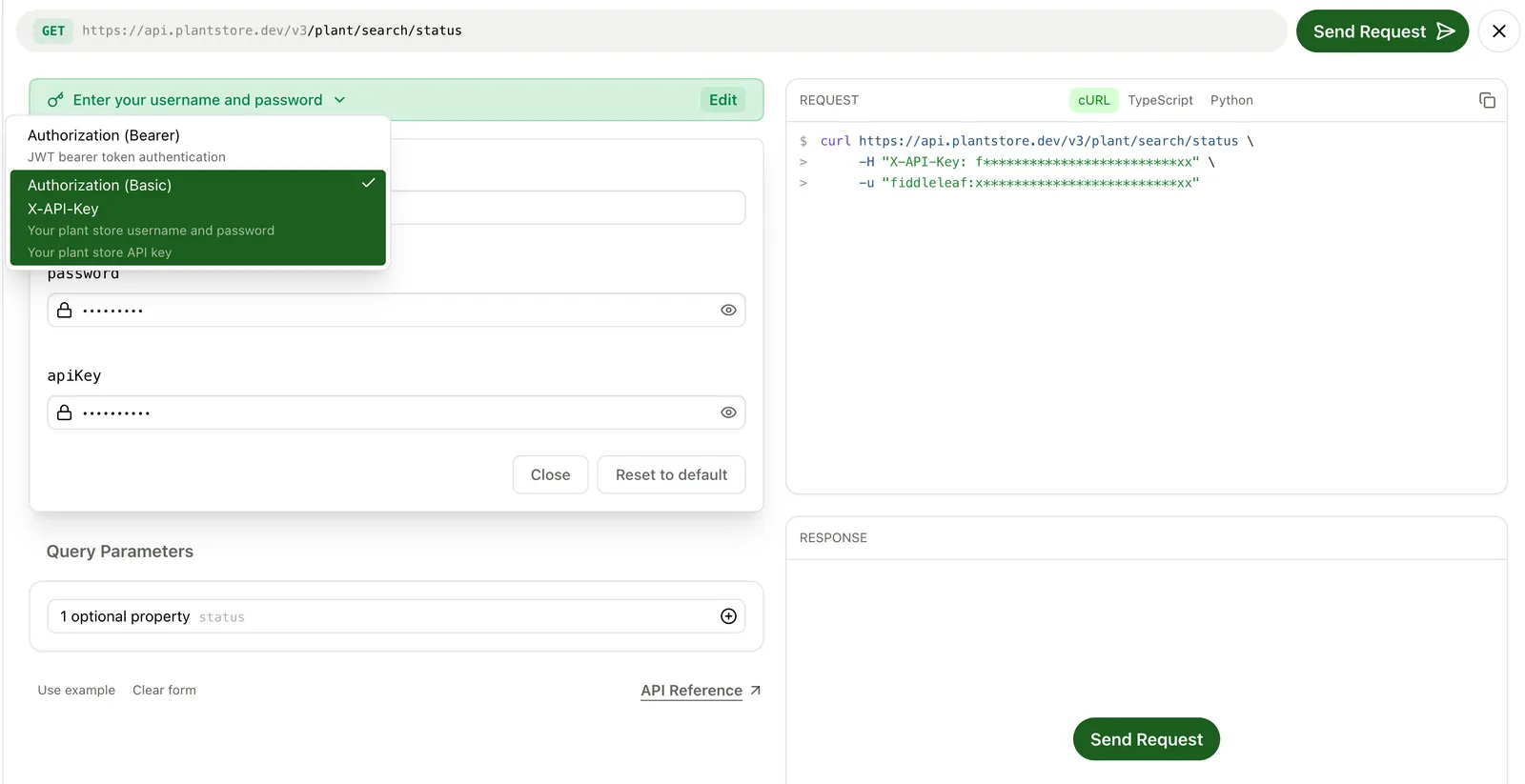 Authentication dropdown in the API Explorer