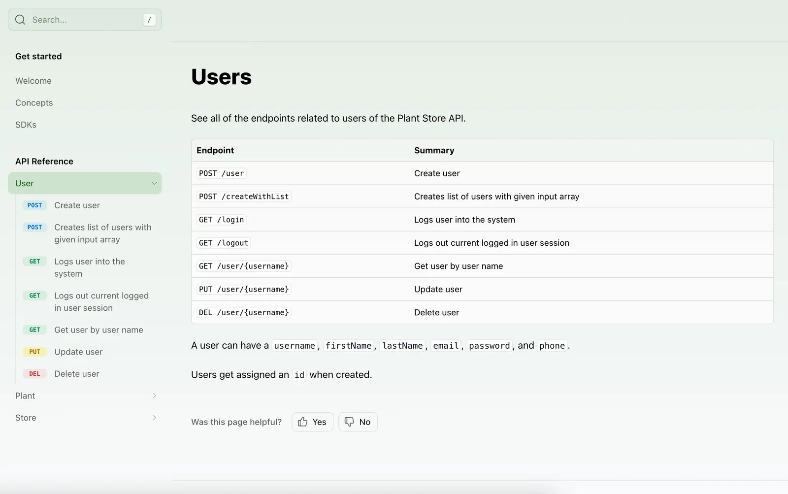 API Reference with a summary page