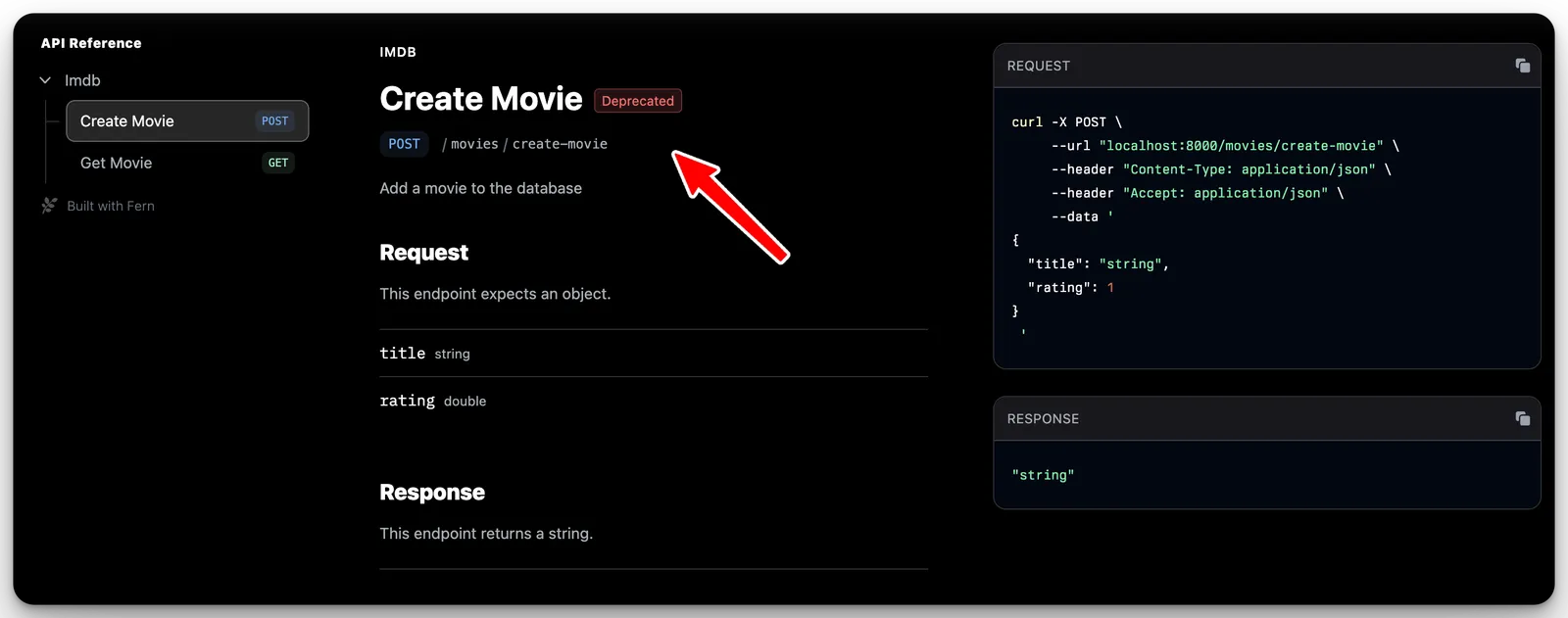 Screenshot showing a deprecated tag next to an endpoint in API Reference docs