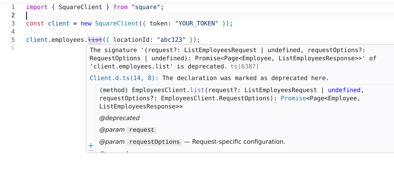 Deprecated method with strikethrough and @deprecated tag in VS Code