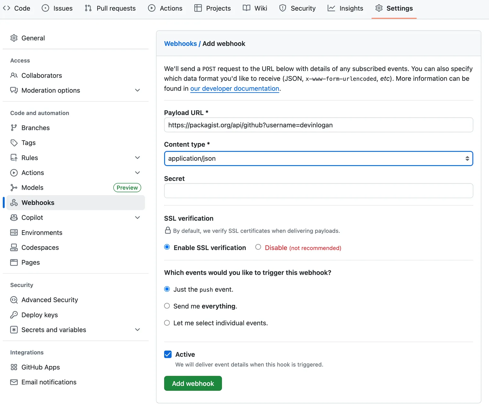 Packagist 的 GitHub Webhook