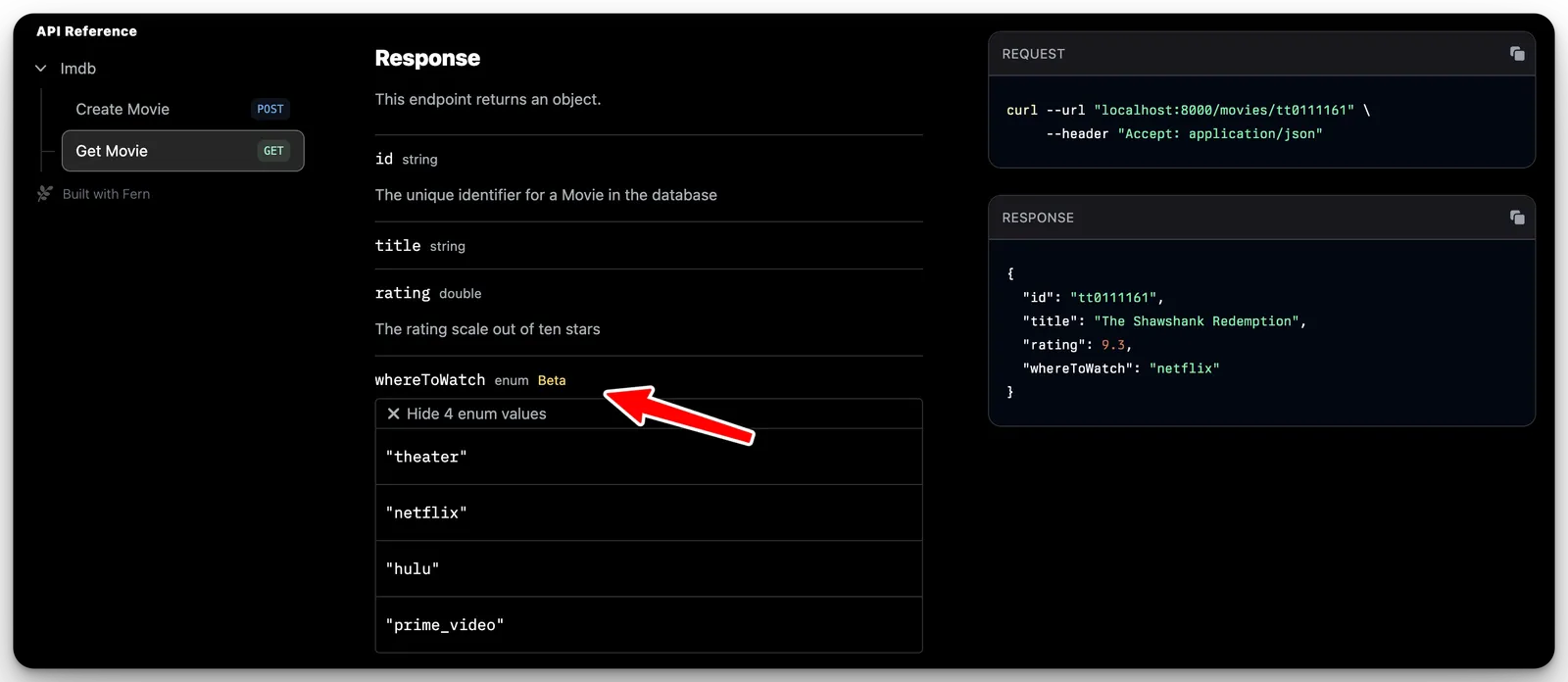 Screenshot showing a beta tag next to a type in API Reference docs