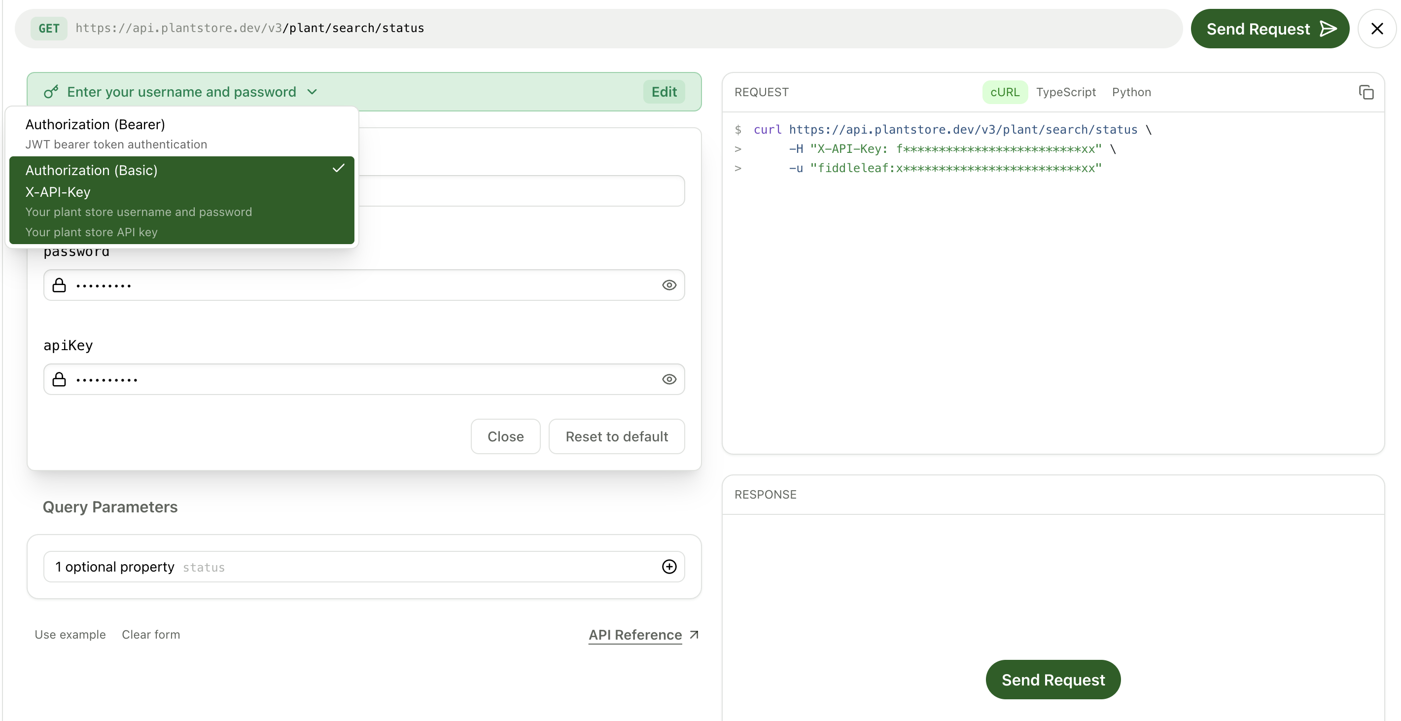API Explorer 中的身份验证下拉菜单