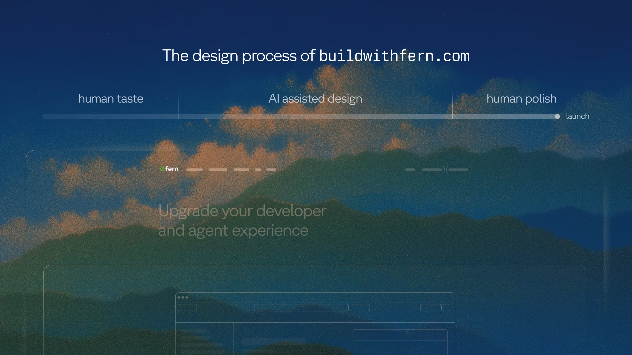 The design process of buildwithfern.com: human taste, then AI assisted design, then human polish, ending at launch, over the new site hero against a night sky of grainy clouds and mountains.