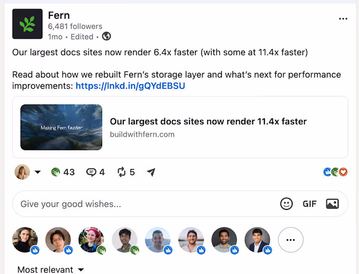 A Fern LinkedIn launch post about docs sites rendering 6.4x faster.
