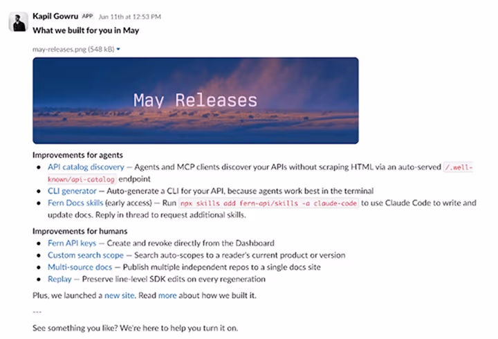 The monthly “What we built for you in May” Slack changelog.
