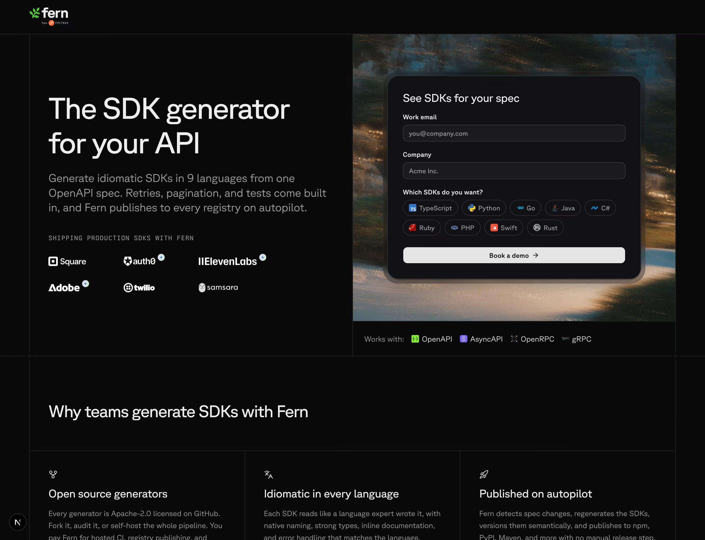 The /lp/sdk-generator landing page, built from the same components as the main site, with the nav stripped to a single Book-a-demo CTA.